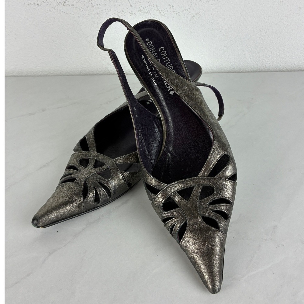 Donald J Pliner Pewter Slingback Heels - 9M - Cutout Pointed Toe Vintage Gothic